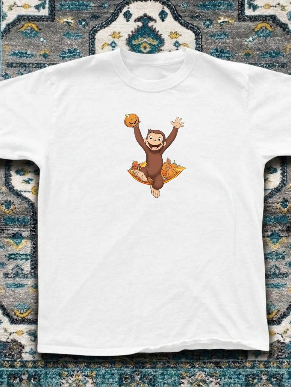 Gildan Curious George Fall Pumpkin Graphic White Tee